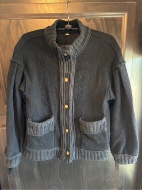 Vintage Black Chunky Cotton Cardigan Quiet Luxury lagen Coastal Grandma Small